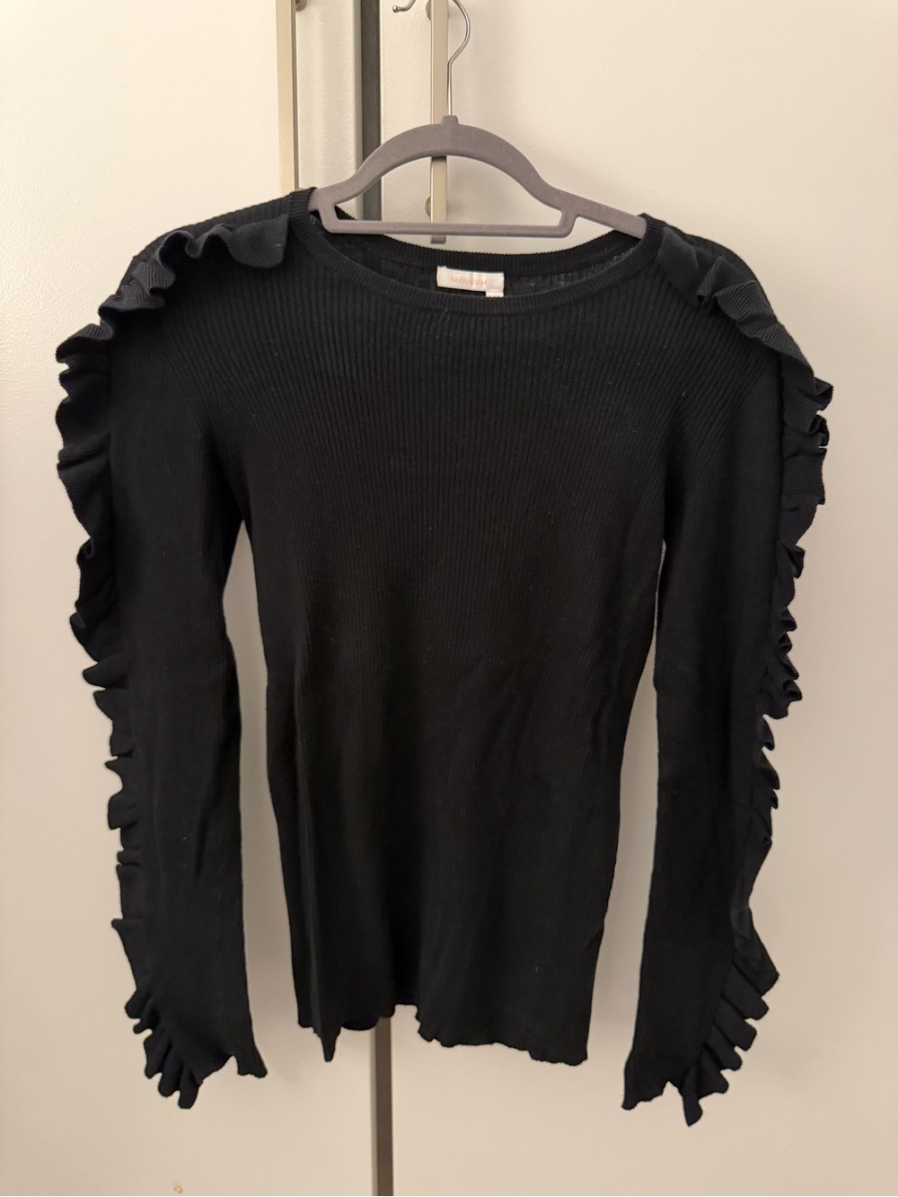 See by Chloé Black Ribbed Long-Sleeve Top with Ruffle Trim